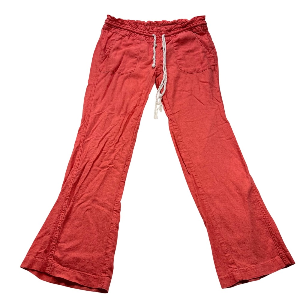 Roxy Oceanside Coral Pink Linen Blend Wide Leg Drawstring Beach Pants Womens M - Picture 1 of 16